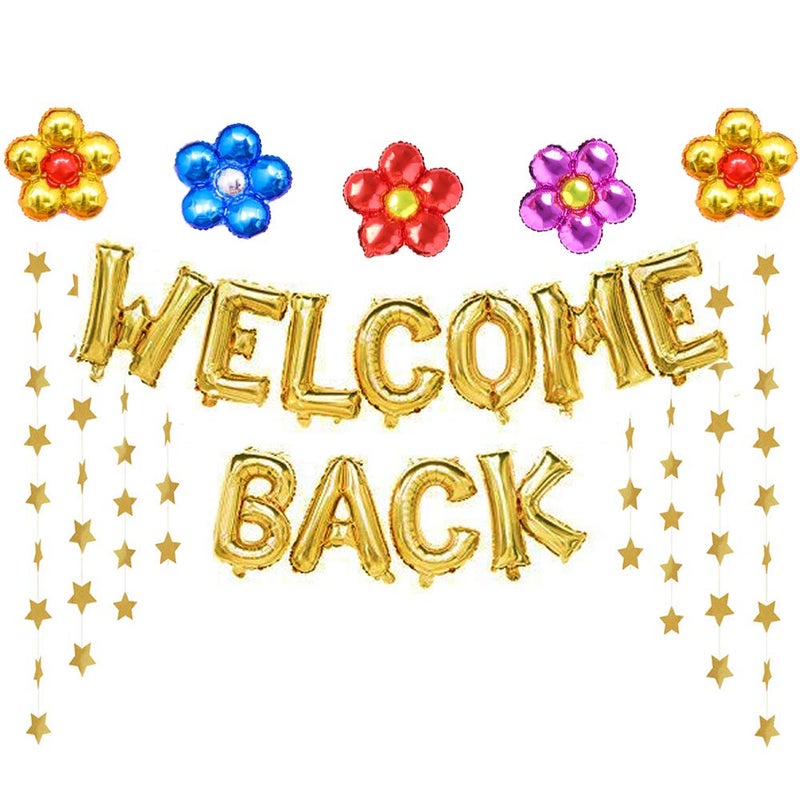 Tazimi Welcome Back Balloons Gold Welcome Back Banner Back to School Party Supplies with Flower Balloons Star Banners First Day of School Classroom, Wedding, House, Home Decor Decorations - Image 1